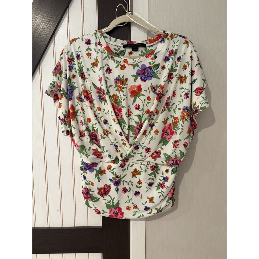 Cynthia Steffe Womens Multicolor Floral Banded Bottom Blouse Size Medium